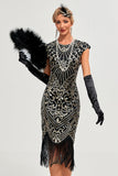 Sparkly Fringes Black Golden Flapper Dress with Accessories Set