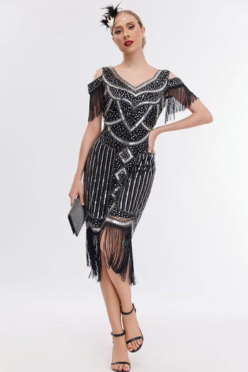 Black Golden Cold Shoulder Fringes 1920s Gatsby Dress with 20s Accessories Set
