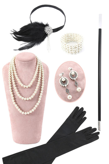 Black Golden Cold Shoulder Fringes 1920s Gatsby Dress with 20s Accessories Set