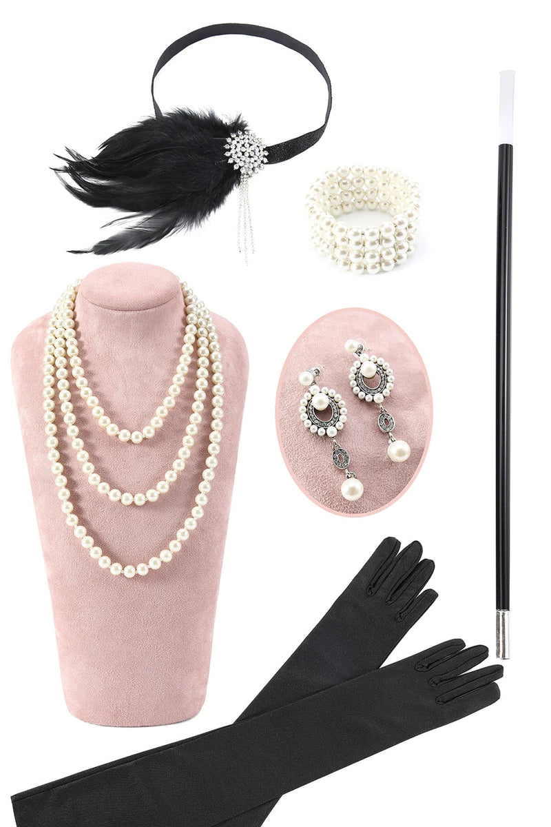 Load image into Gallery viewer, Black Golden Cold Shoulder Fringes 1920s Gatsby Dress with 20s Accessories Set