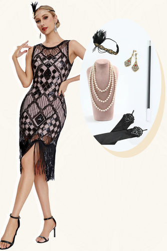 Sparkly Black Blush Fringed 1920s Gatsby Dress with 20s Accessories Set
