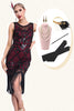 Load image into Gallery viewer, Sparkly Black Red Fringed 1920s Gatsby Dress with 20s Accessories Set
