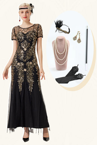 Black Golden Sequins Short Sleeves Long 1920s Dress with 20s Accessories Set