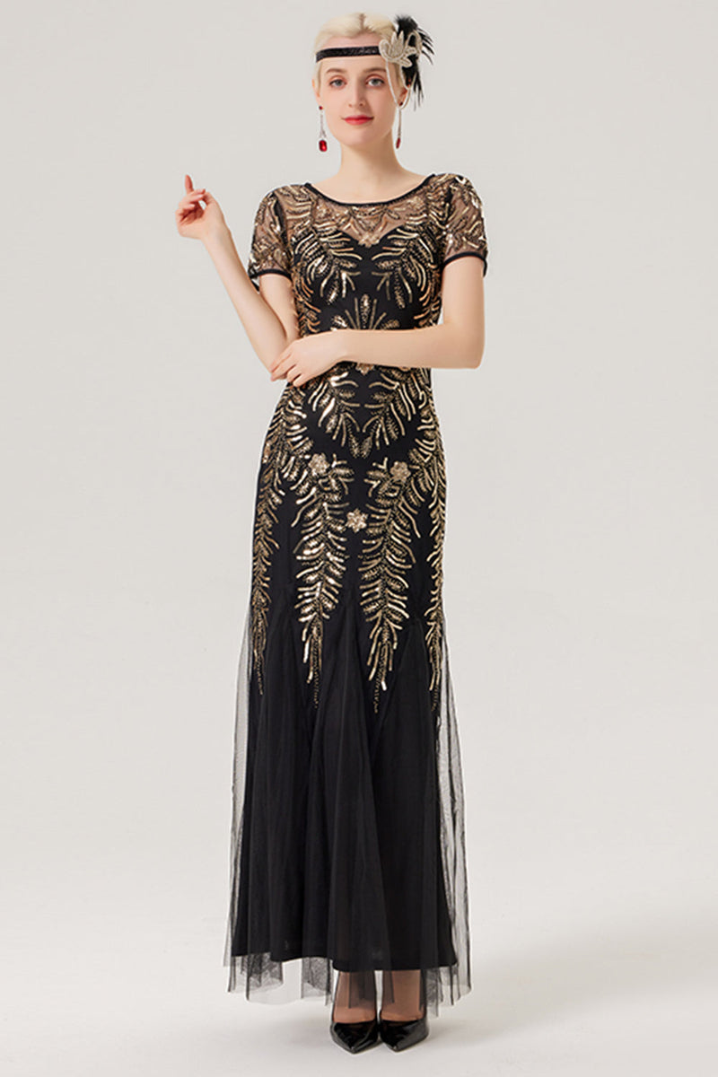 Load image into Gallery viewer, Black Golden Sequins Short Sleeves Long 1920s Dress with 20s Accessories Set