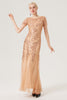 Load image into Gallery viewer, Champagne Sequins Short Sleeves Long 1920s Dress with 20s Accessories Set