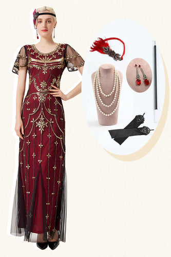 Burgundy Sequins Long 1920s Dress with 20s Accessories Set