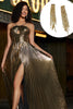 Load image into Gallery viewer, Golden A-Line Spaghetti Straps Pleated Sparkly Prom Dress with Accessories Set