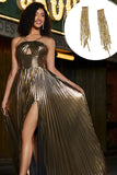 Golden A-Line Spaghetti Straps Pleated Sparkly Prom Dress with Accessories Set