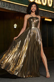 Golden A-Line Spaghetti Straps Pleated Sparkly Prom Dress with Accessories Set