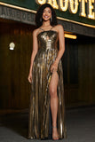 Golden A-Line Spaghetti Straps Pleated Sparkly Prom Dress with Accessories Set