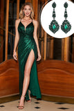 Sparkly Dark Green Spaghetti Straps Long Prom Dress With Accessory