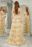 Princess A-Line Off The Shoulder Gold Tiered Prom Dress with Accessories Set