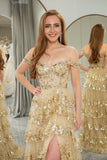 Princess A-Line Off The Shoulder Gold Tiered Prom Dress with Accessories Set