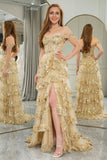 Princess A-Line Off The Shoulder Gold Tiered Prom Dress with Accessories Set