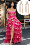 Trendy A Line Off the Shoulder Fuchsia Split Front Corset Prom Dress with Accessories Set