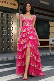 Trendy A Line Off the Shoulder Fuchsia Split Front Corset Prom Dress with Accessories Set