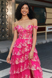 Trendy A Line Off the Shoulder Fuchsia Split Front Corset Prom Dress with Accessories Set