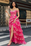 Trendy A Line Off the Shoulder Fuchsia Split Front Corset Prom Dress with Accessories Set