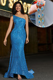 Mermaid One Shoulder Blue Long Prom Dress with Sequins with Accessories Set