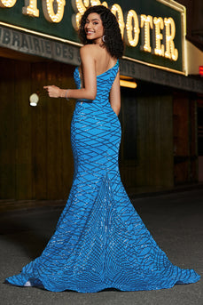 Mermaid One Shoulder Blue Long Prom Dress with Sequins with Accessories Set