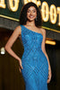 Load image into Gallery viewer, Mermaid One Shoulder Blue Long Prom Dress with Sequins with Accessories Set