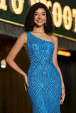 Mermaid One Shoulder Blue Long Prom Dress with Sequins with Accessories Set