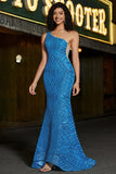 Mermaid One Shoulder Blue Long Prom Dress with Sequins with Accessories Set