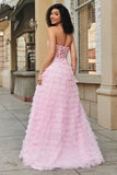 Pink A-Line Strapless Tiered Long Corset Prom Dress with Accessories Set