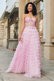 Pink A-Line Strapless Tiered Long Corset Prom Dress with Accessories Set