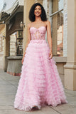 Pink A-Line Strapless Tiered Long Corset Prom Dress with Accessories Set