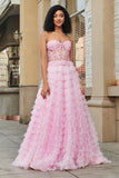 Pink A-Line Strapless Tiered Long Corset Prom Dress with Accessories Set