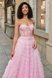 Pink A-Line Strapless Tiered Long Corset Prom Dress with Accessories Set