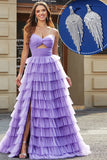 Purple Tulle A-Line Tiered Long Prom Dress With Accessories Set