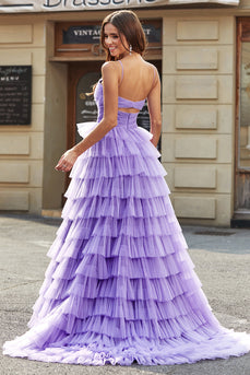 Purple Tulle A-Line Tiered Long Prom Dress With Accessories Set