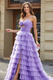 Purple Tulle A-Line Tiered Long Prom Dress With Accessories Set