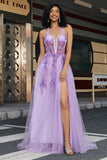 Gorgeous A Line Halter Neck Grey Purple Corset Applique Prom Dress With Accessories Set