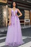 Gorgeous A Line Halter Neck Grey Purple Corset Applique Prom Dress With Accessories Set