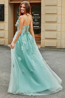 A-Line Green Tulle Corset Applique Long Prom Dress With Accessories Set