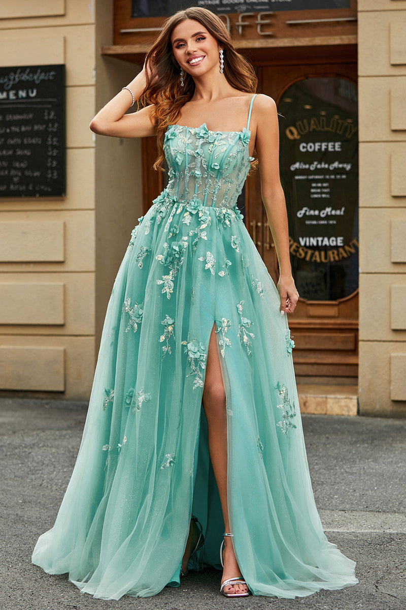 Load image into Gallery viewer, A-Line Green Tulle Corset Applique Long Prom Dress With Accessories Set