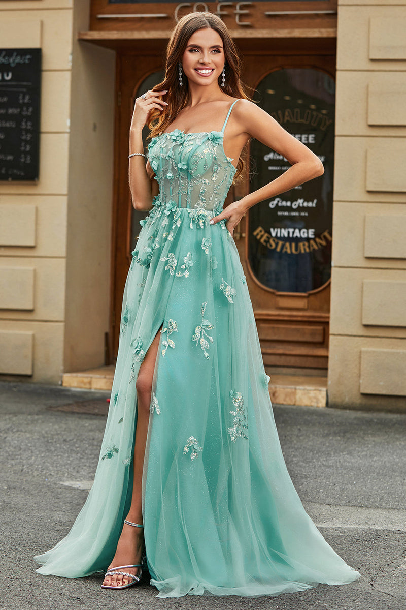 Load image into Gallery viewer, A-Line Green Tulle Corset Applique Long Prom Dress With Accessories Set