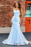 Light Blue Sparkly Beaded Mermaid Long Prom Dress With Accessories Set