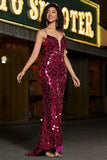 Sparkly Mermaid Spaghetti Straps Fuchsia Sequins Long Prom Dress with Accessories Set