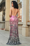 Stunning Mermaid Backless Spaghetti Straps Fuchsia Sequins Long Prom Dress with Accessories Set