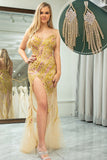 Stunning Mermaid Spaghetti Straps Golden Split Front Prom Dress with Accessories Set