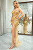 Load image into Gallery viewer, Stunning Mermaid Spaghetti Straps Golden Split Front Prom Dress with Accessories Set