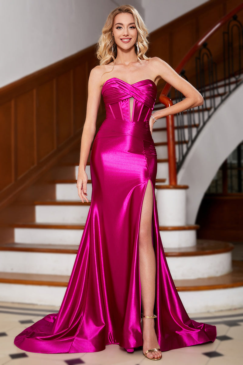 Load image into Gallery viewer, Hot Pink Strapless Satin Corset Long Prom Dress With Accessory