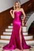 Load image into Gallery viewer, Hot Pink Strapless Satin Corset Long Prom Dress With Accessory
