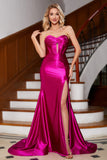 Hot Pink Strapless Satin Corset Long Prom Dress With Accessory