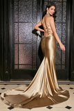 Mermaid Golden Spaghetti Straps Prom Dress with Accessory