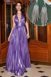 Sparkly Halter Pleated Purple Prom Dress with Accessory